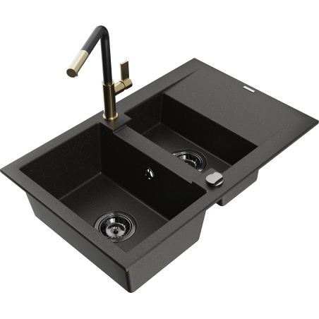 Mexen Gaspar lava-louça de granito 1,5-cubas com escorredor e torneira de cozinha Flora, preto/dourado - 6507-75-670401-57-B