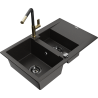 Mexen Gaspar granite sink 1.5-bowl with drainer and Flora kitchen tap, black/gold - 6507-75-670401-57-B