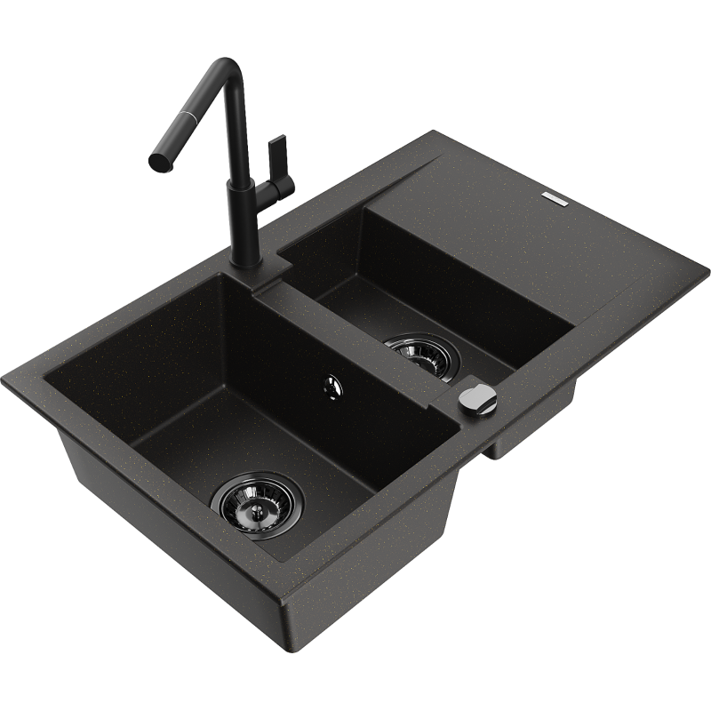 Mexen Gaspar fregadero de granito de 1,5 senos con escurridor y grifo de cocina Flora, negro/oro - 6507-75-670401-70-B