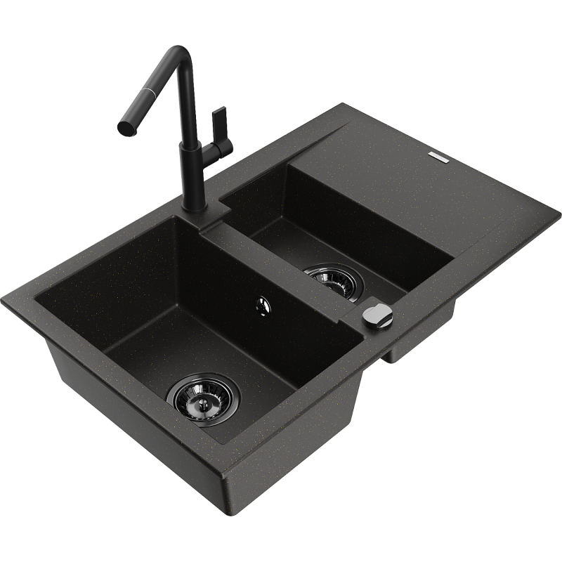 Mexen Gaspar granieten gootsteen 1,5-komoors met afdruiprek en keukenmengkraan Flora, zwart/goud - 6507-75-670401-70-B