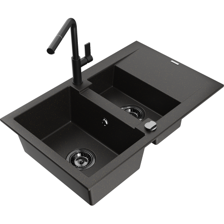 Mexen Gaspar fregadero de granito de 1,5 cubetas con escurridor y grifo de cocina Flora, negro/dorado - 6507-75-670401-70-B