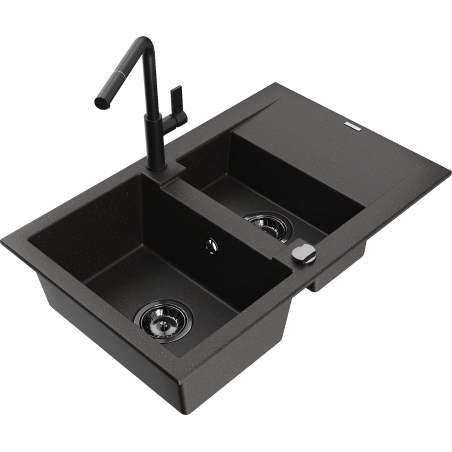 Mexen Gaspar granieten gootsteen 1,5-komoors met afdruiprek en keukenmengkraan Flora, zwart/goud - 6507-75-670401-70-B