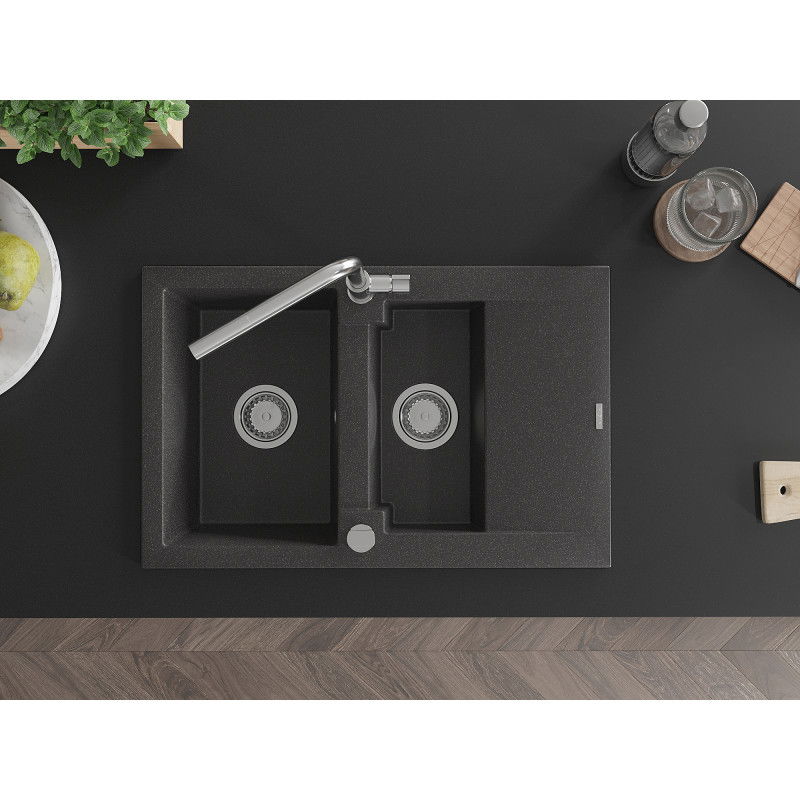 Mexen Gaspar granite sink 1.5-bowl with drainer and Flora kitchen tap, speckled black - 6507-76-670401-00