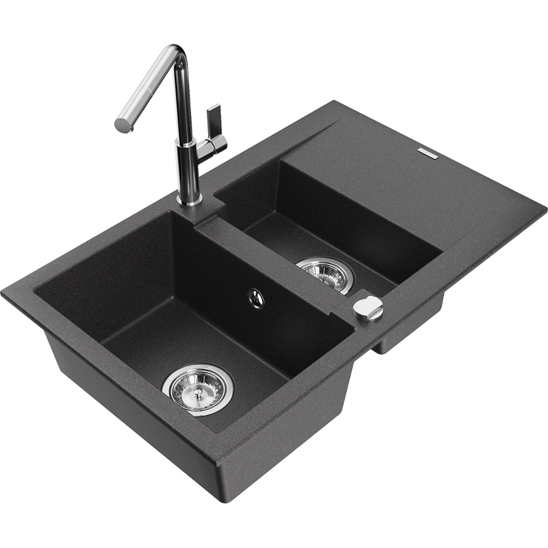 Mexen Gaspar fregadero de granito 1,5 senos con escurridor y grifo de cocina Flora, negro moteado - 6507-76-670401-00