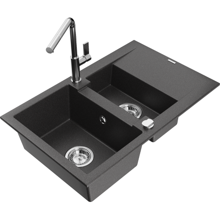 Mexen Gaspar fregadero de granito 1,5 senos con escurridor y grifo de cocina Flora, negro moteado - 6507-76-670401-00