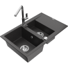 Mexen Gaspar fregadero de granito 1,5 senos con escurridor y grifo de cocina Flora, negro moteado - 6507-76-670401-00
