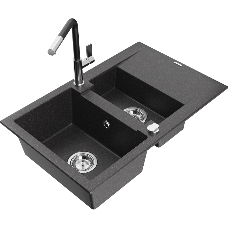 Mexen Gaspar fregadero de granito de 1,5 senos con escurridor y grifo de cocina Flora, negro moteado - 6507-76-670401-07