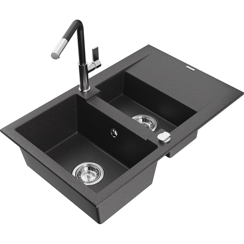 Mexen Gaspar granīta izlietne ar 1,5 nodalījumu un noteku un Flora virtuves jaucējkrānu, melna ar punktiem - 6507-76-670401-07