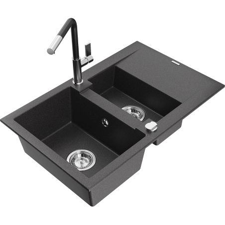 Mexen Gaspar fregadero de granito de 1,5 senos con escurridor y grifo de cocina Flora, negro moteado - 6507-76-670401-07
