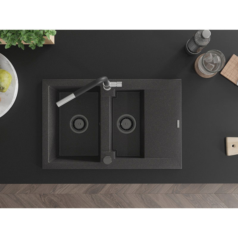 Mexen Gaspar 1.5-bowl granite sink with drainer and Flora kitchen tap, black speckled - 6507-76-670401-07-B