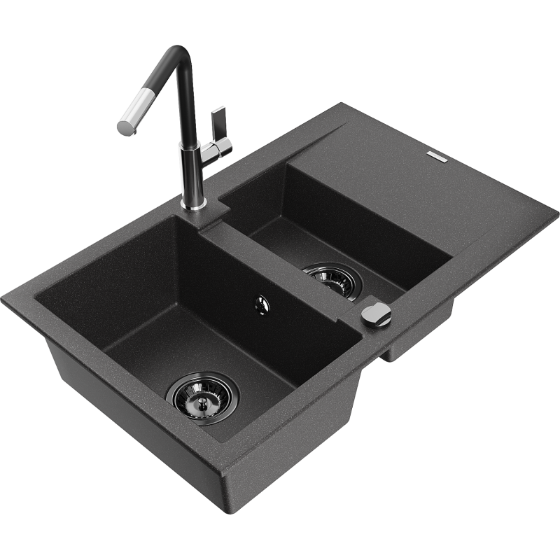 Mexen Gaspar 1.5-bowl granite sink with drainer and Flora kitchen tap, black speckled - 6507-76-670401-07-B