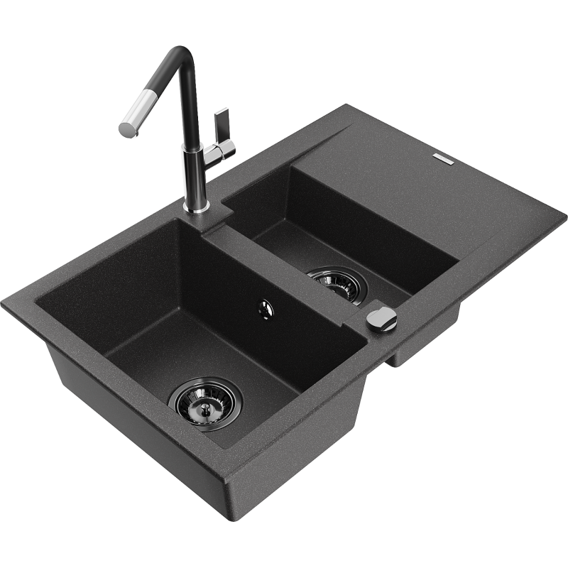 Mexen Gaspar granitdiskbänk 1,5-fack med avrinningsyta och köksblandare Flora, svart med fläckar - 6507-76-670401-07-B