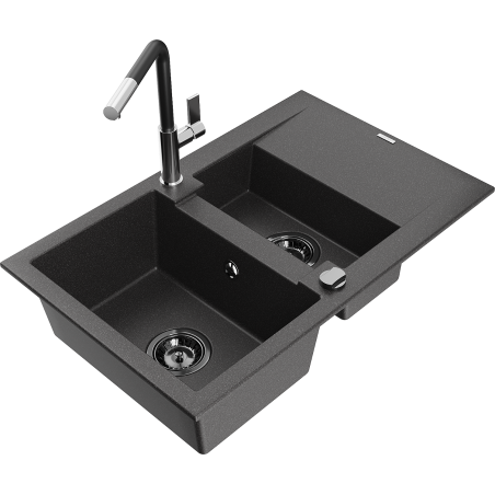 Mexen Gaspar 1.5-bowl granite sink with drainer and Flora kitchen tap, black speckled - 6507-76-670401-07-B
