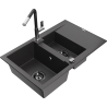 Mexen Gaspar 1.5-bowl granite sink with drainer and Flora kitchen tap, black speckled - 6507-76-670401-07-B
