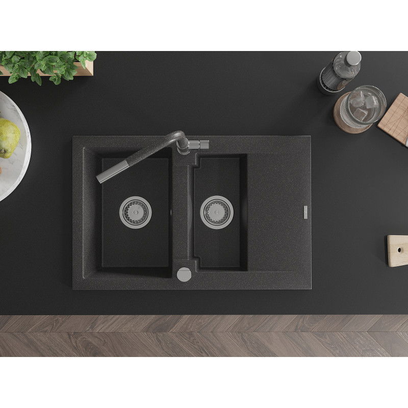 Mexen Gaspar Granit-Spullsteen mat 1,5 Basin mat Drain an Kitchen Tap Flora, schwaarz mat Sprengkraaft - 6507-76-670401-08