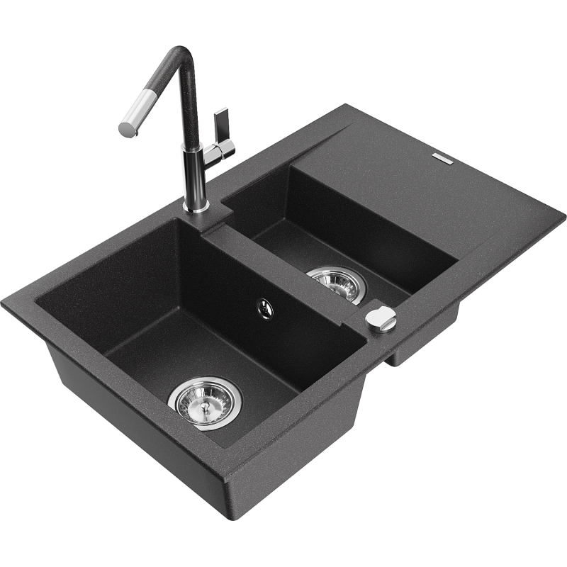 Mexen Gaspar fregadero de granito de 1,5 senos con escurridor y grifo de cocina Flora, negro moteado - 6507-76-670401-08