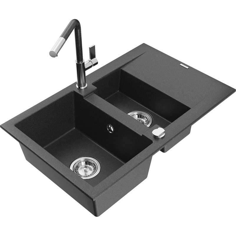 Mexen Gaspar Granit-Spullsteen mat 1,5 Basin mat Drain an Kitchen Tap Flora, schwaarz mat Sprengkraaft - 6507-76-670401-08