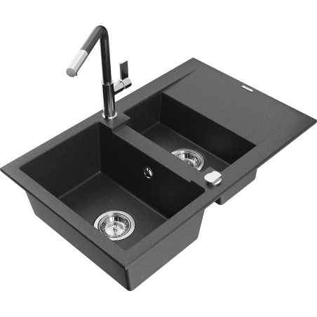 Mexen Gaspar Granit-Spullsteen mat 1,5 Basin mat Drain an Kitchen Tap Flora, schwaarz mat Sprengkraaft - 6507-76-670401-08
