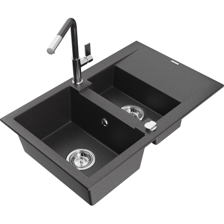 Mexen Gaspar Granitspüle 1,5-Kammer mit Abtropffläche und Küchenarmatur Flora, schwarz gesprenkelt - 6507-76-670401-08