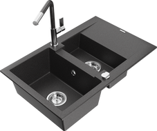 Mexen Gaspar Granit-Spullsteen mat 1,5 Basin mat Drain an Kitchen Tap Flora, schwaarz mat Sprengkraaft - 6507-76-670401-08