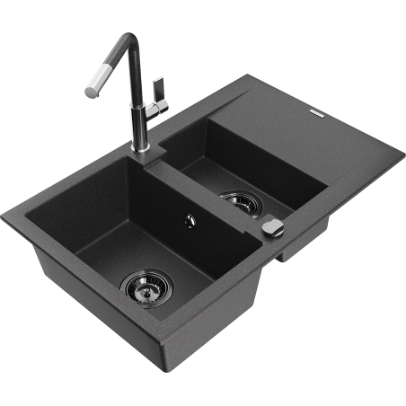 Mexen Gaspar granite sink 1.5-bowl with drainer and Flora kitchen faucet, black dotted - 6507-76-670401-08-B