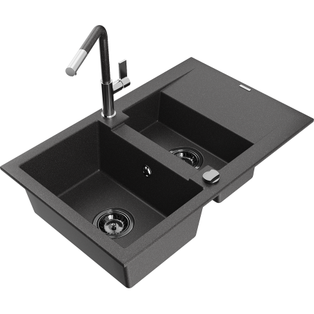 Mexen Gaspar Granitspüle 1,5-Becken mit Abtropffläche und Küchenarmatur Flora, schwarz gesprenkelt - 6507-76-670401-08-B