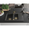 Mexen Gaspar granitische spoelbak 1,5-komoren met druiprek en keukenkraan Flora, zwart gespikkeld - 6507-76-670401-57-G