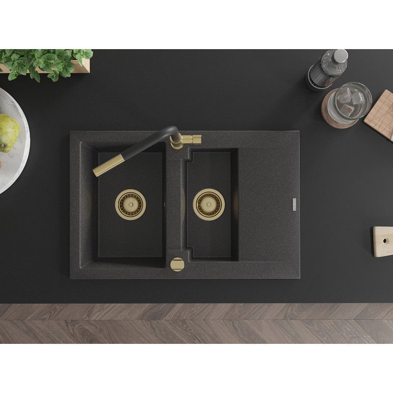 Mexen Gaspar fregadero de granito de 1,5 cubetas con escurridor y grifo de cocina Flora, negro moteado - 6507-76-670401-57-G