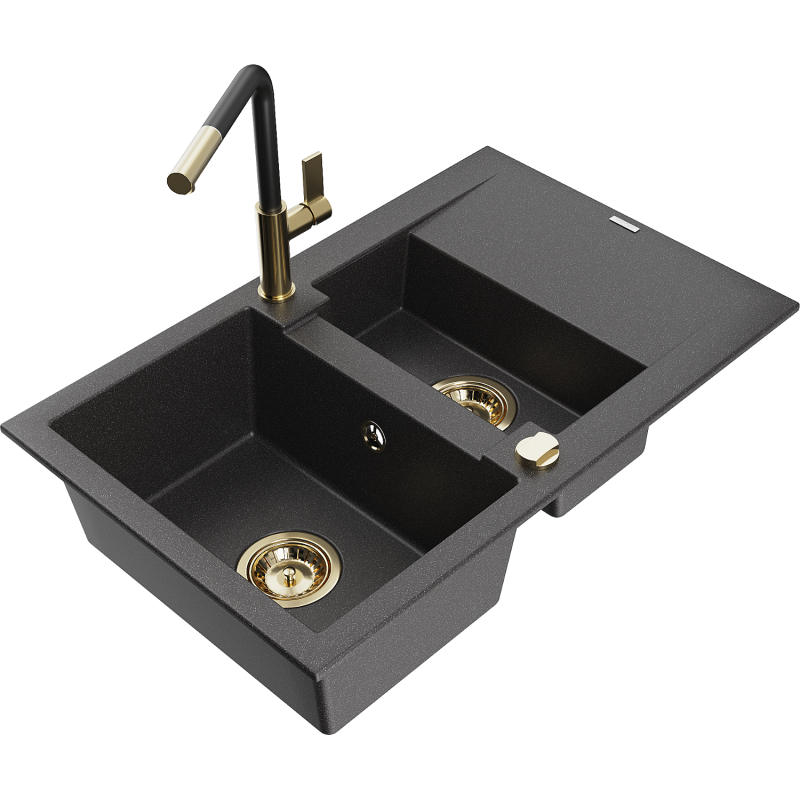 Mexen Gaspar granitdiskho 1,5-fack med avrinning och köksblandare Flora, svart med stänk - 6507-76-670401-57-G