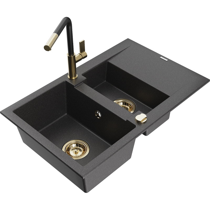 Mexen Gaspar Granitspüle 1,5-becken mit Abtropffläche und Küchenarmatur Flora, schwarz gesprenkelt - 6507-76-670401-57-G