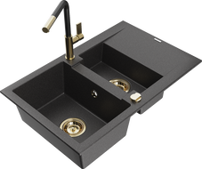 Mexen Gaspar granite sink 1.5-bowl with drainer and Flora kitchen tap, black speckled - 6507-76-670401-57-G