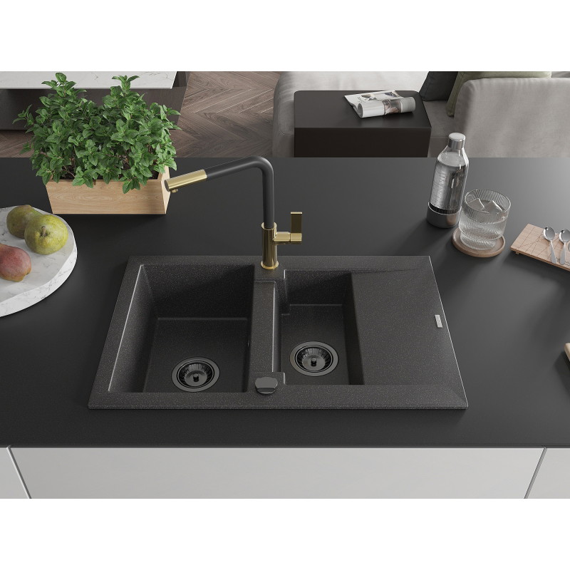 Mexen Gaspar fregadero de granito de 1,5 senos con escurridor y grifo de cocina Flora, negro moteado - 6507-76-670401-57-B