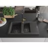 Mexen Gaspar Granitspüle 1,5-Becken mit Abtropffläche und Küchenarmatur Flora, schwarz gesprenkelt - 6507-76-670401-57-B
