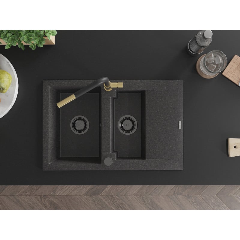 Mexen Gaspar lava-louça em granito 1,5-bacia com escorredor e torneira de cozinha Flora, preto salpicado - 6507-76-670401-57-B