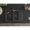 Mexen Gaspar Granitspüle 1,5-Becken mit Abtropffläche und Küchenarmatur Flora, schwarz gesprenkelt - 6507-76-670401-57-B