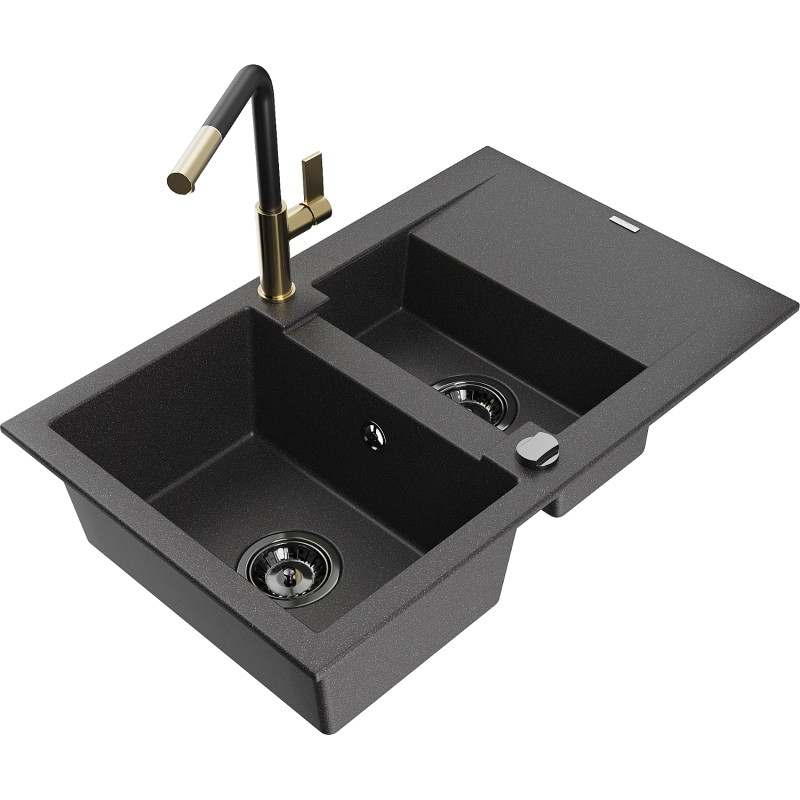 Mexen Gaspar granitische spoelbak 1,5-komorige met afdruiprek en keukenkraan Flora, zwart gespikkeld - 6507-76-670401-57-B