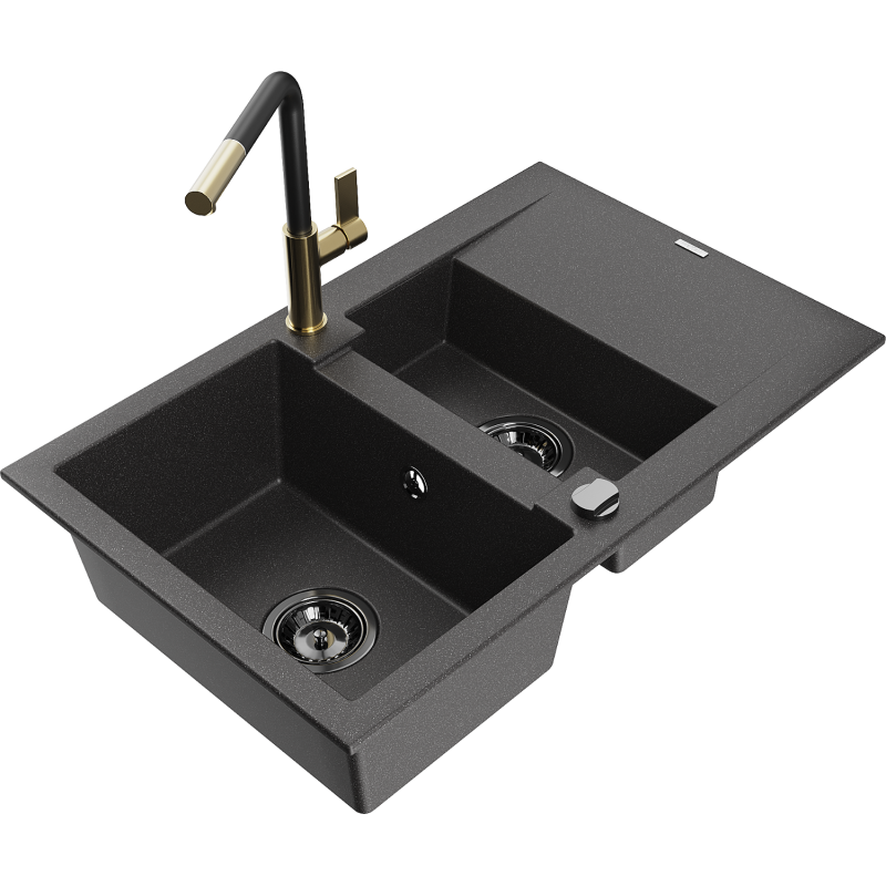 Mexen Gaspar Granitspüle 1,5-Becken mit Abtropffläche und Küchenarmatur Flora, schwarz gesprenkelt - 6507-76-670401-57-B
