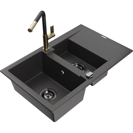 Mexen Gaspar granite sink 1.5-bowl with drainer and Flora kitchen tap, black speckled - 6507-76-670401-57-B