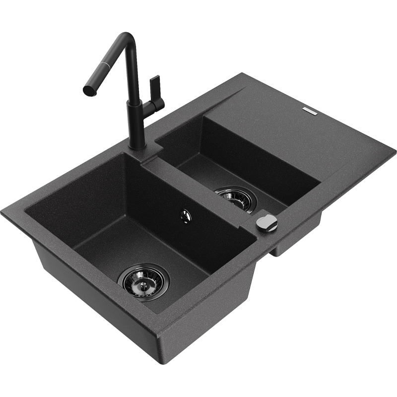 Mexen Gaspar granitizlietne izlietne ar 1,5 kamerām, ar noteku un Flora virtuves jaucējkrānu, melna ar punktiem