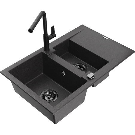 Mexen Gaspar fregadero de granito de 1,5 senos con escurridor y grifo de cocina Flora, negro moteado - 6507-76-670401-70-B