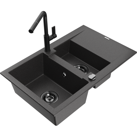 Mexen Gaspar granite sink 1.5-bowl with drainer and Flora kitchen tap, speckled black - 6507-76-670401-70-B