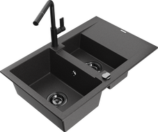 Mexen Gaspar granite sink 1.5-bowl with drainer and Flora kitchen tap, speckled black - 6507-76-670401-70-B
