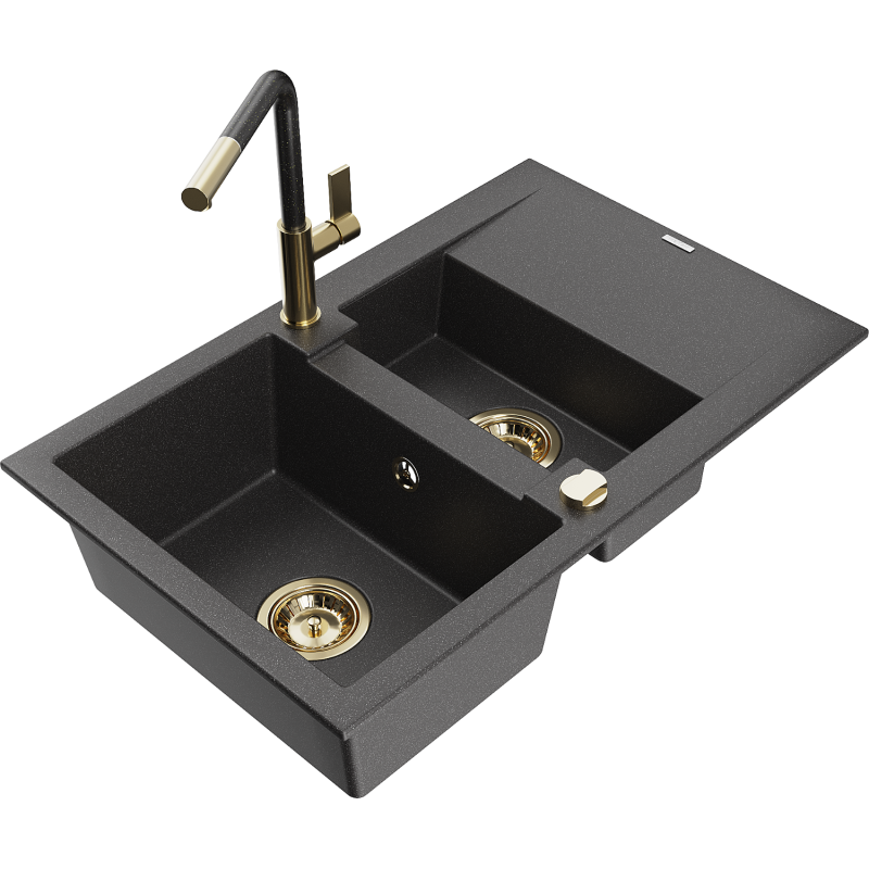 Mexen Gaspar 1,5 nodalījumu granīta izlietne ar noteces virsmu un Flora virtuves jaucējkrānu, melna ar raibumu