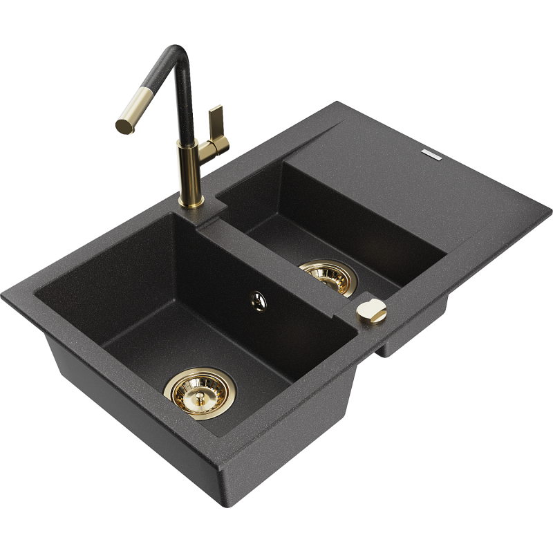 Mexen Gaspar Granitspüle 1,5-Becken mit Abtropffläche und Küchenarmatur Flora, schwarz gesprenkelt - 6507-76-670401-75-G