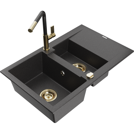 Mexen Gaspar fregadero de granito de 1,5 senos con escurridor y grifo de cocina Flora, negro moteado - 6507-76-670401-75-G