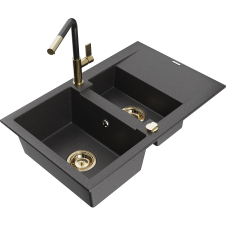 Mexen Gaspar granite sink 1.5-bowl with drainer and Flora kitchen tap, black speckled - 6507-76-670401-75-G