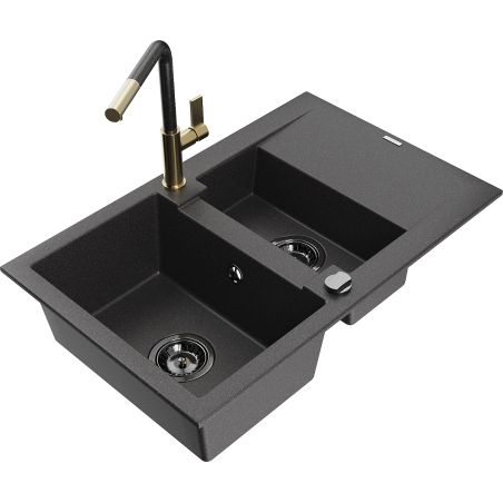 Mexen Gaspar Granitspüle 1,5-Becken mit Abtropffläche und Küchenarmatur Flora, schwarz gesprenkelt - 6507-76-670401-75-B