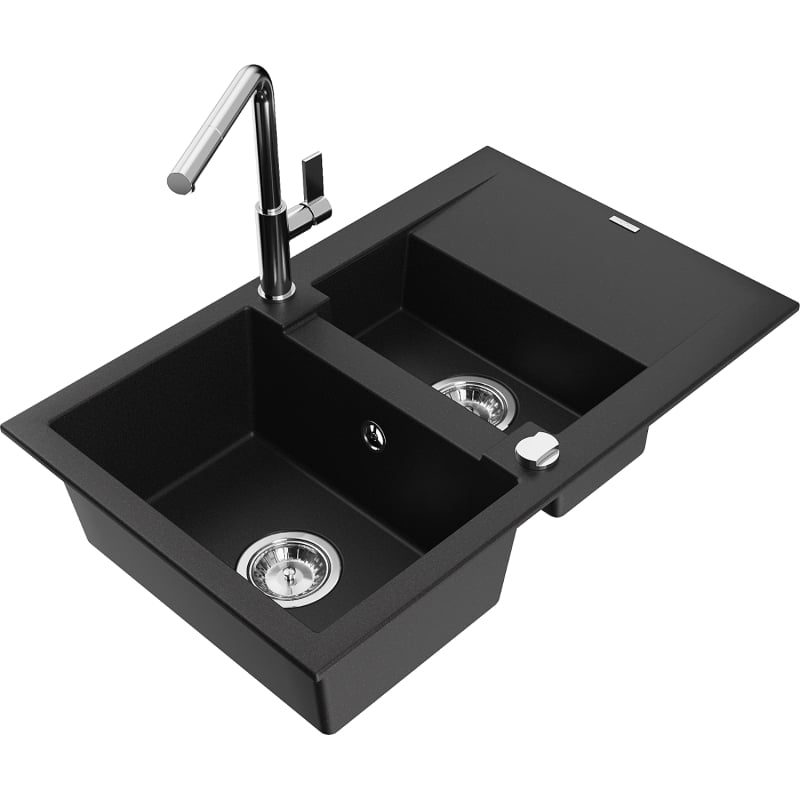Mexen Gaspar évier en granit 1,5 bacs avec égouttoir et robinet de cuisine Flora, noir - 6507-77-670401-00