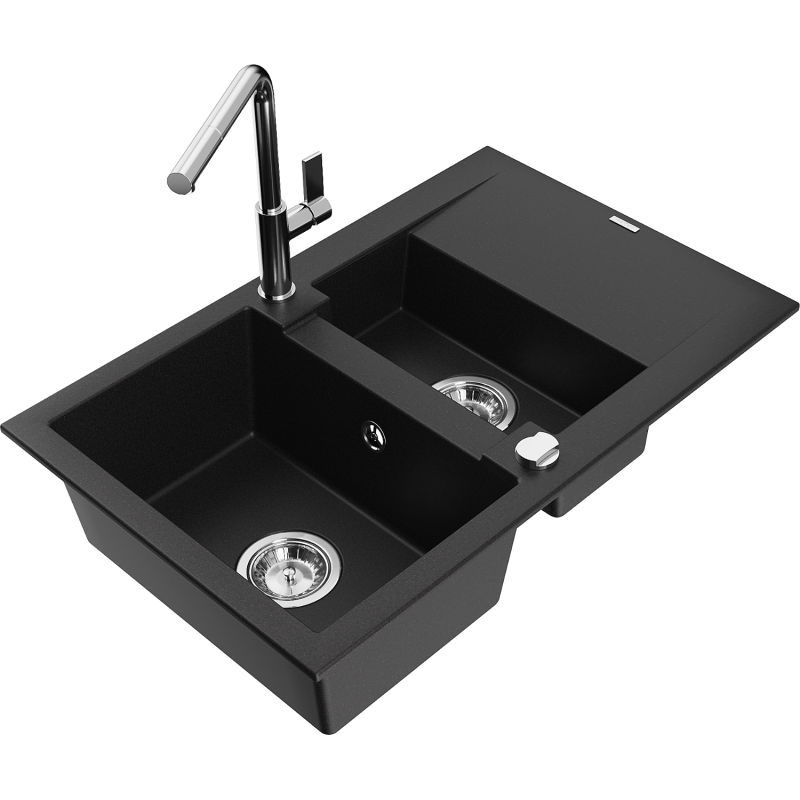 Mexen Gaspar fregadero de granito de 1,5 senos con escurridor y grifo de cocina Flora, negro - 6507-77-670401-00