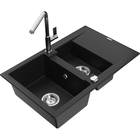 Mexen Gaspar lava-loiça de granito 1,5-câmara com escorredor e torneira de cozinha Flora, preto - 6507-77-670401-00